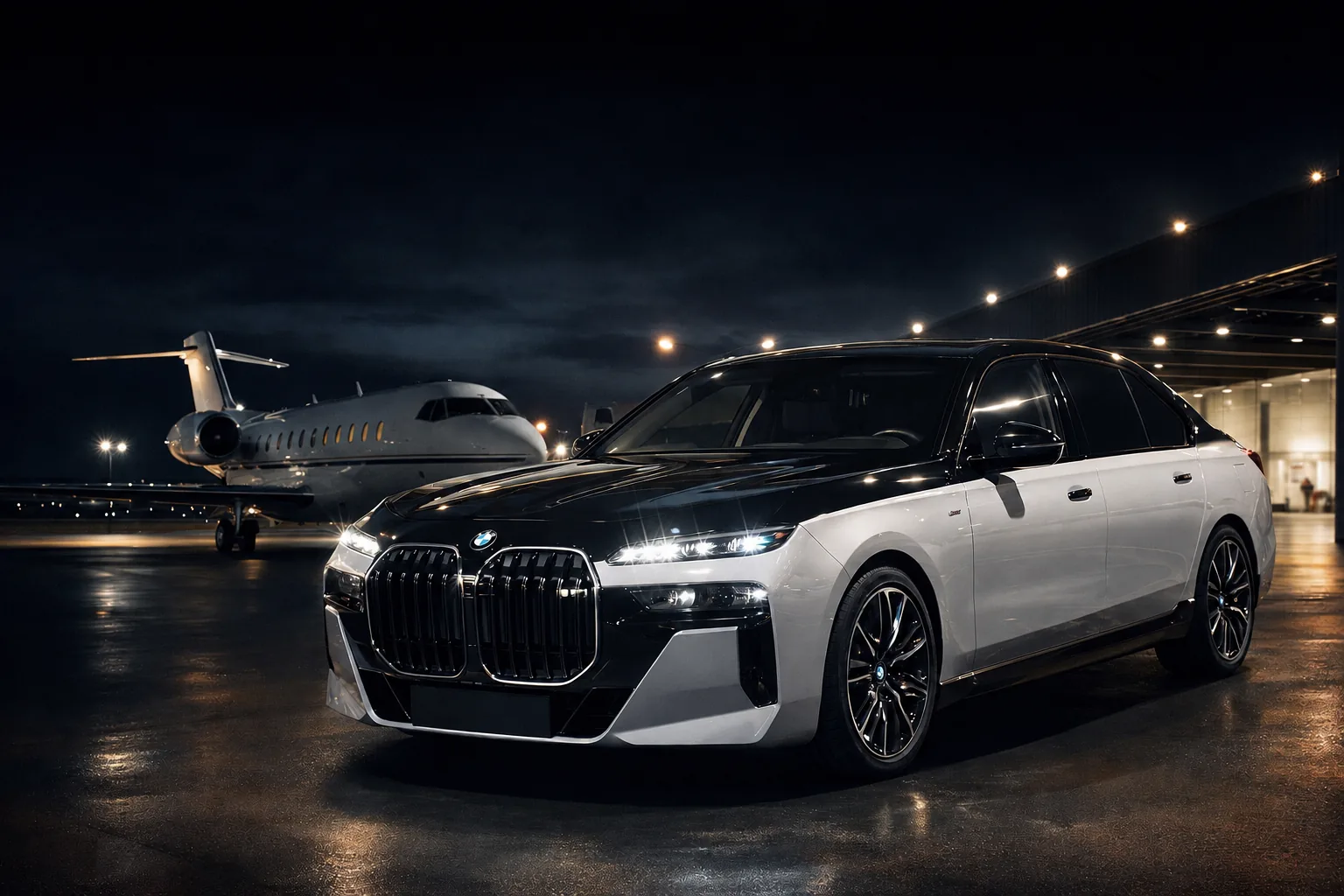 A two-tone black and white BMW 7 Series sedan parked beside a private jet at night