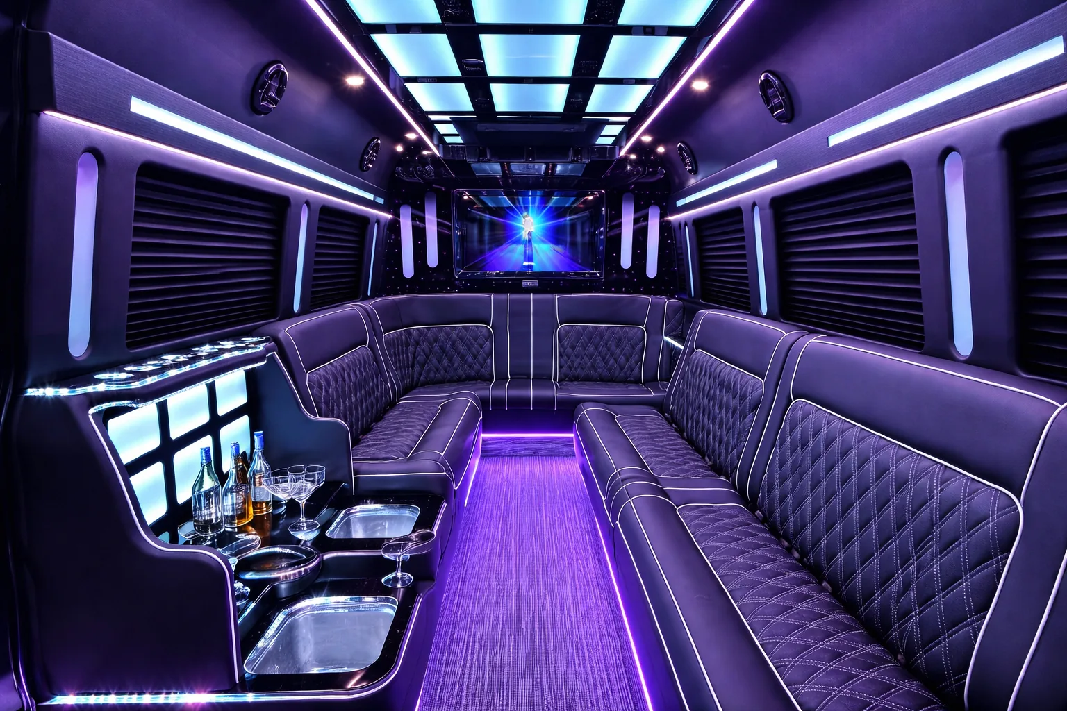 The interior of a party bus with purple ambient lighting, wraparound leather seating, and a bar