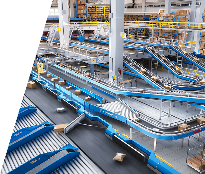 Birds-eye view of packages being sorted on a system of conveyors.