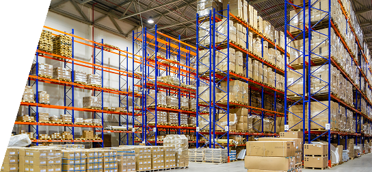 Racking and shelving units in a warehouse.