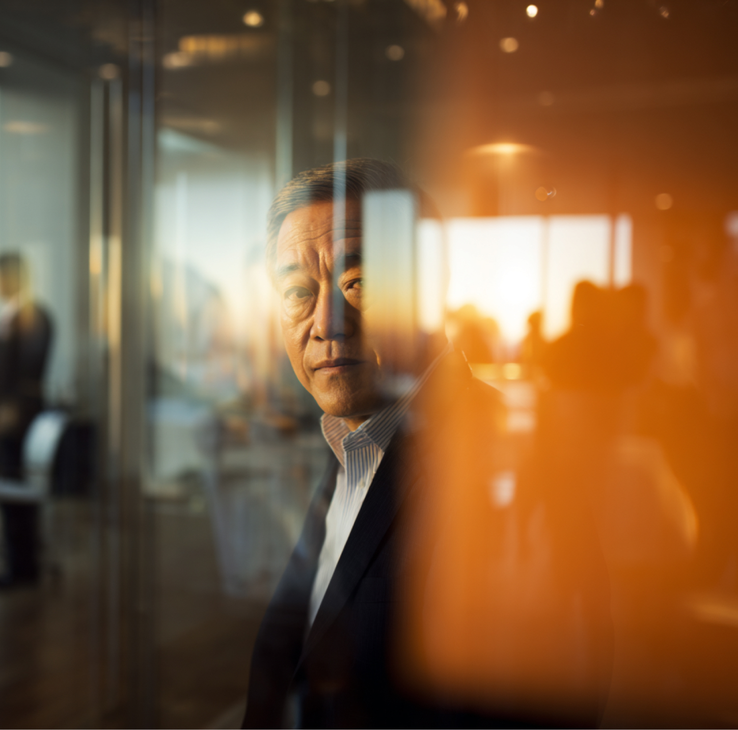 Mature man in business suit looking through a glass window with reflections and warm light.