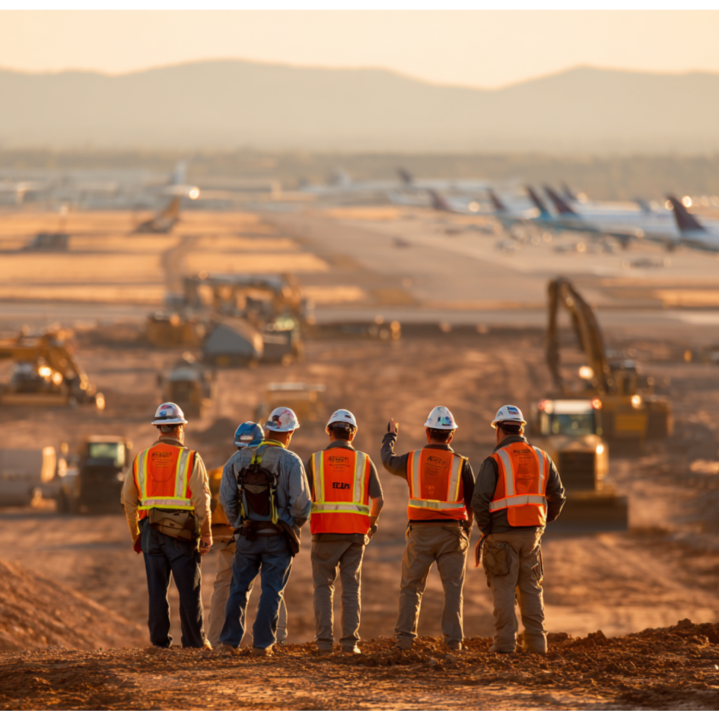 Five construction workers in safety vests and helmets standing on a dirt site at sunset with machinery in background.