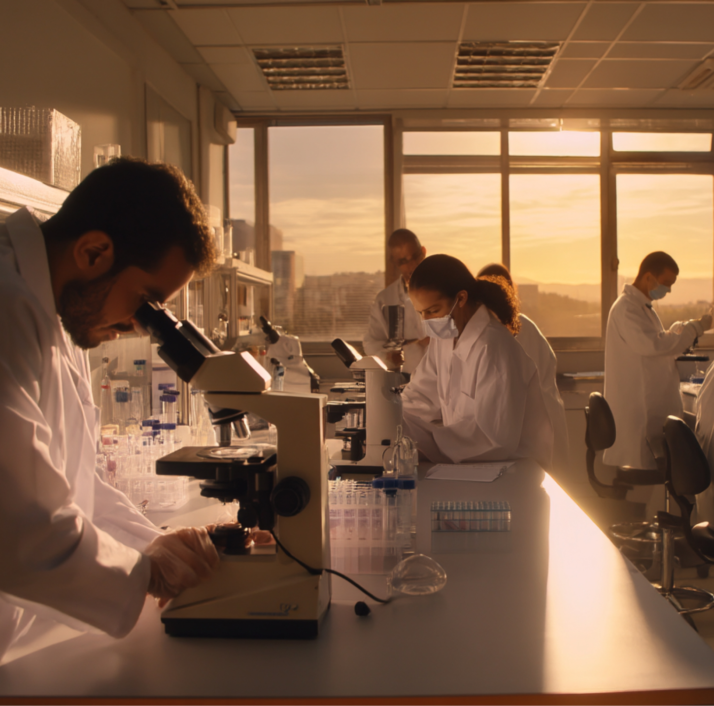 Scientists in lab coats and masks working with microscopes in a sunlit laboratory at sunset.