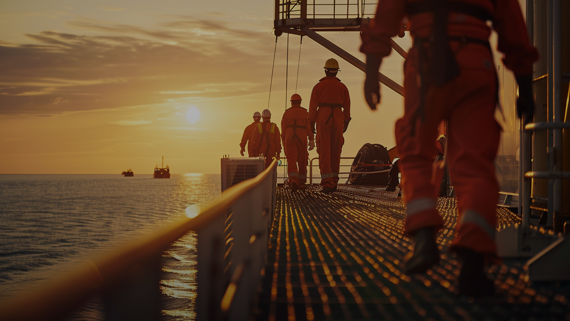 Workers in orange safety gear walking on an offshore platform at sunset with ocean and ships in background.