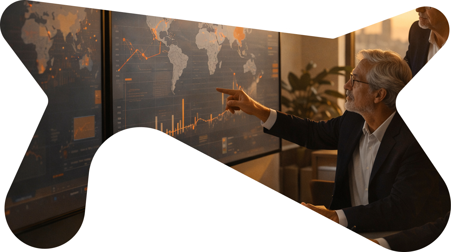 A man in glasses points at a world map with charts on a large screen in an office setting.