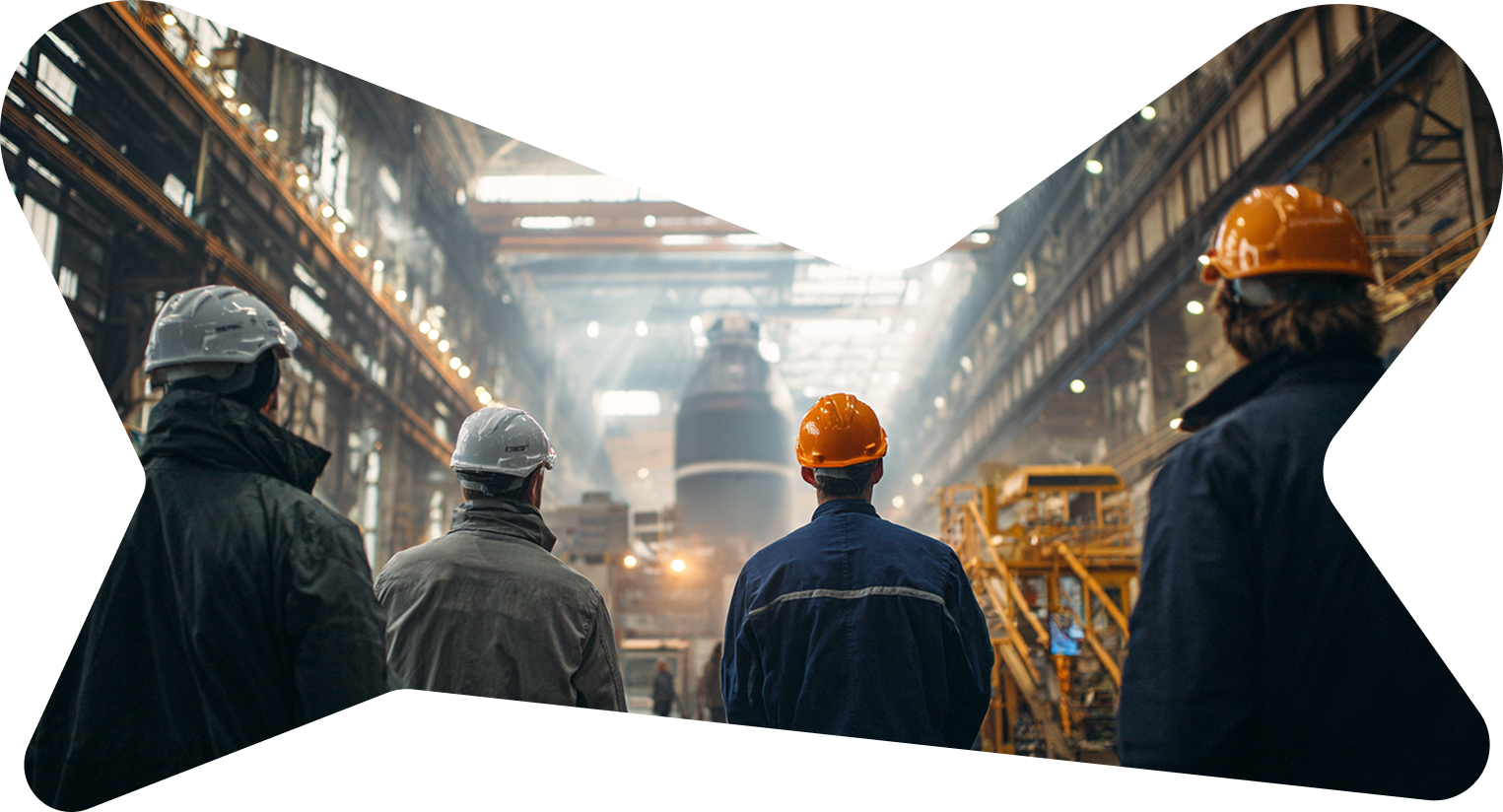 Four industrial workers with helmets observing a large machine inside a spacious factory.
