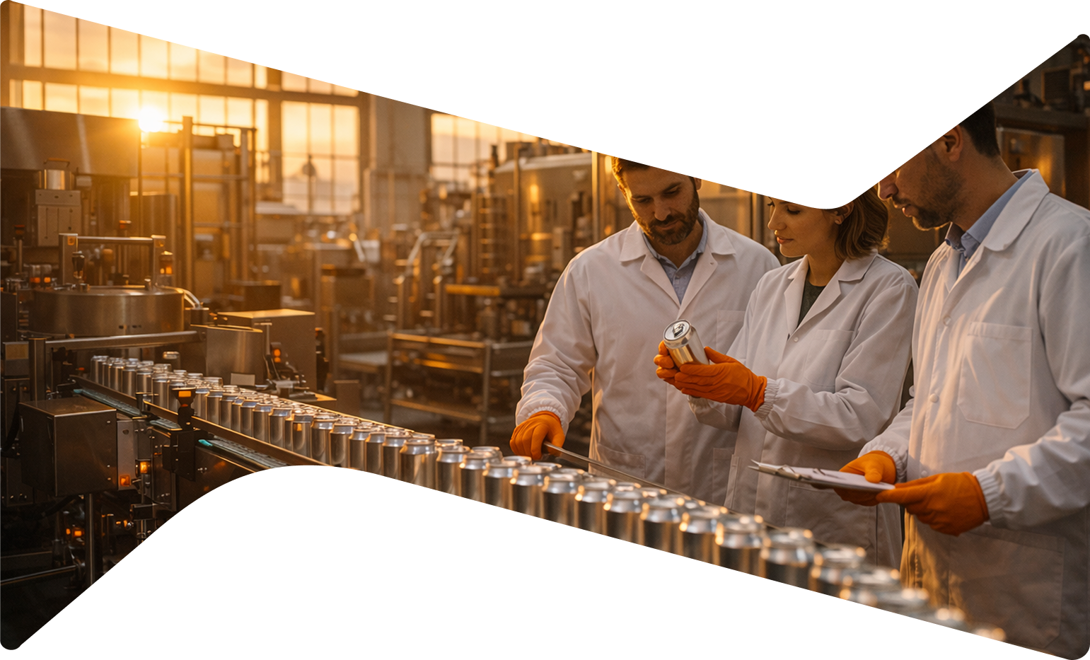 Three factory workers in white coats inspecting cans on a production line in a beverage plant.