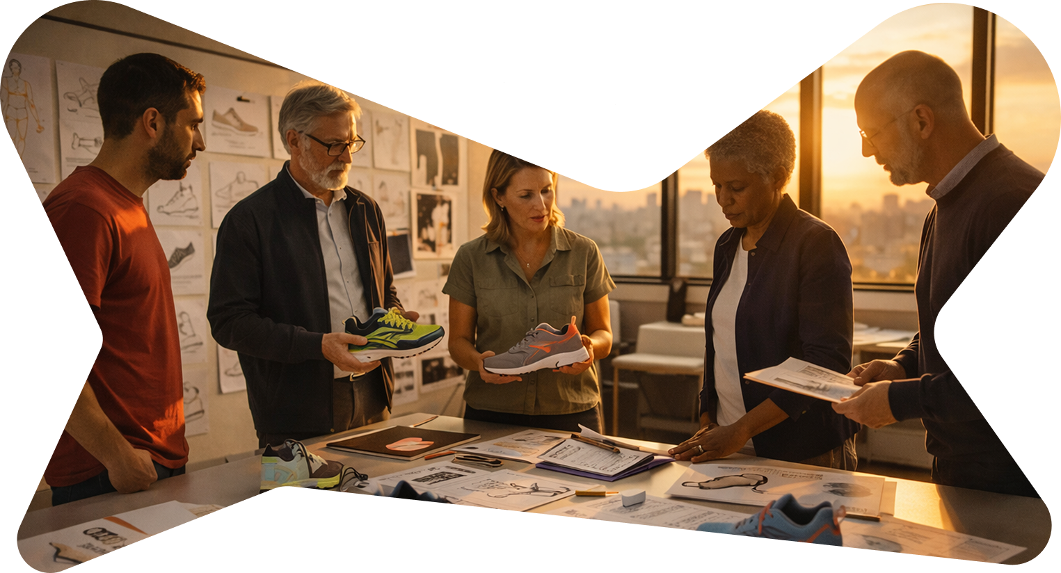 Team of designers discussing and reviewing athletic shoe prototypes and sketches at a table.