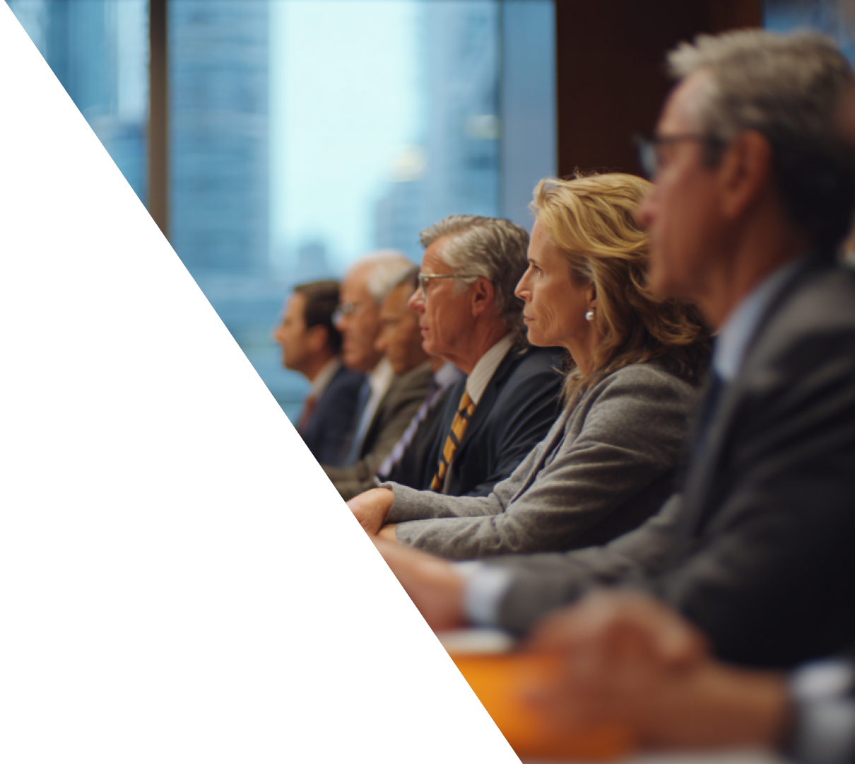 Six business professionals in suits seated in a row at a conference table, focused and attentive.