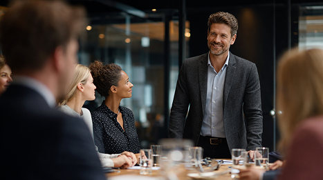 Man in gray blazer standing and smiling at colleagues seated around a conference table.