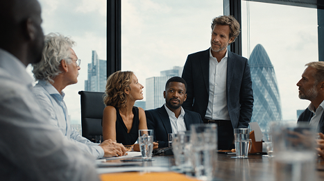 Business meeting with five professionals in a modern office with city skyline views through large windows.