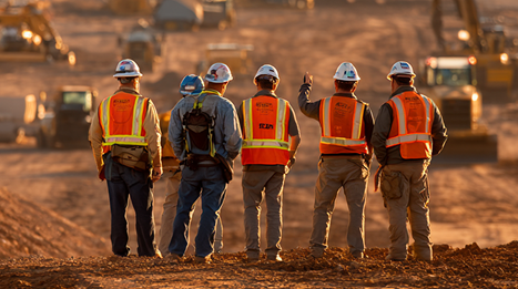 Five construction workers wearing safety vests and helmets standing on a dirt site facing away.