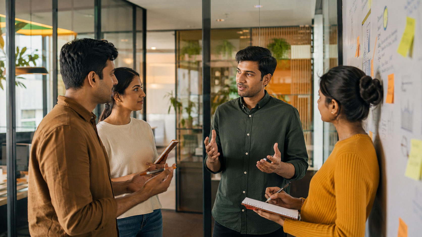 Business meeting with five professionals in a modern office with city skyline views through large windows.