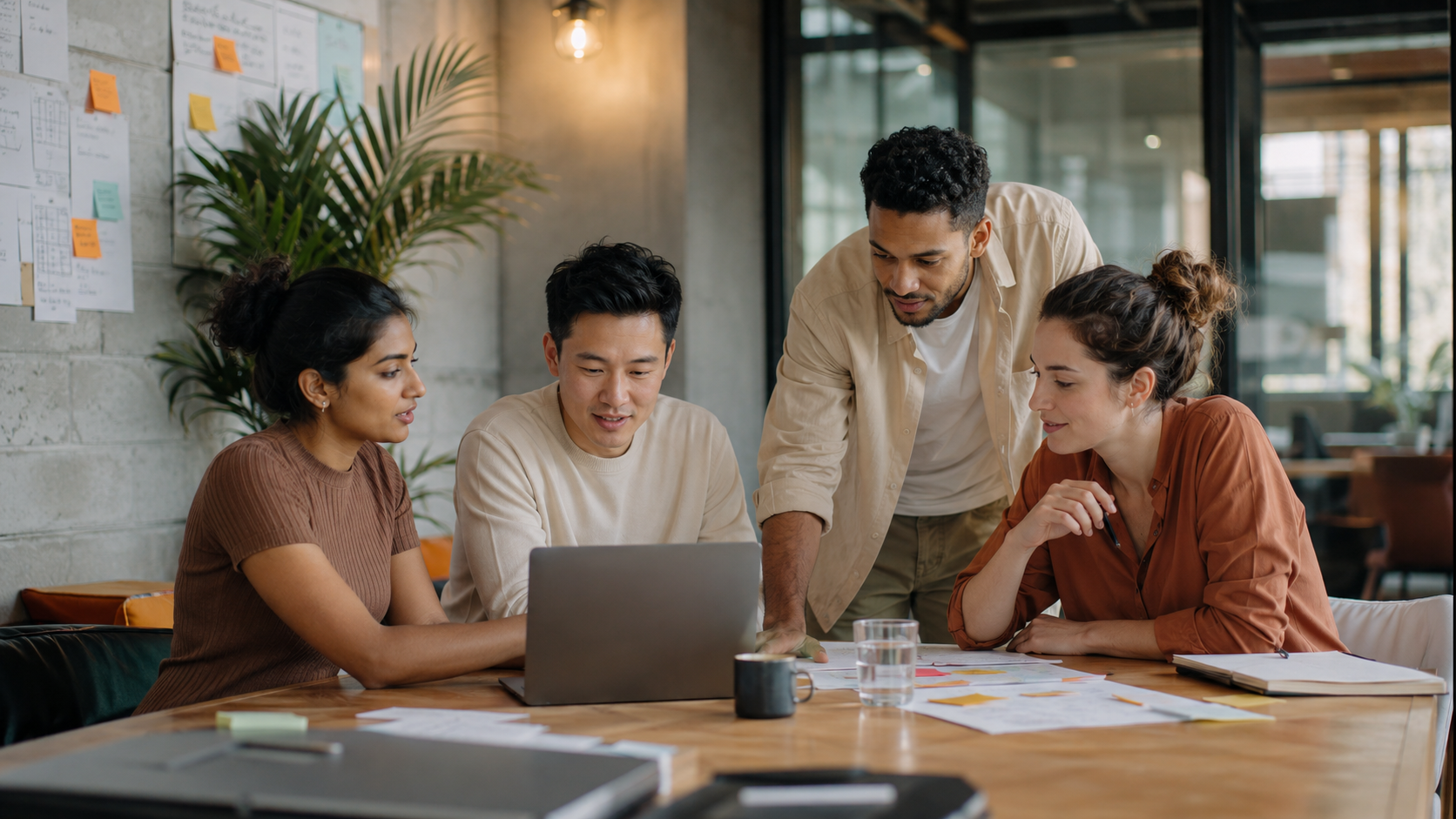 Business meeting with five professionals in a modern office with city skyline views through large windows.