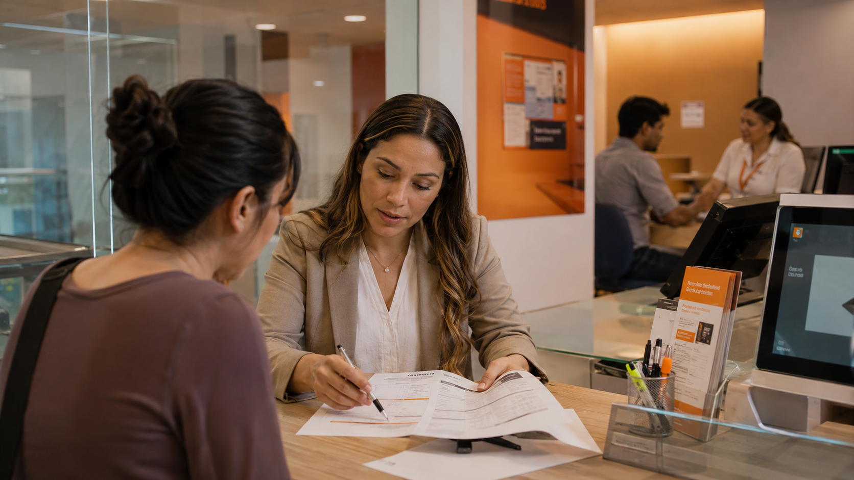 Business meeting with five professionals in a modern office with city skyline views through large windows.