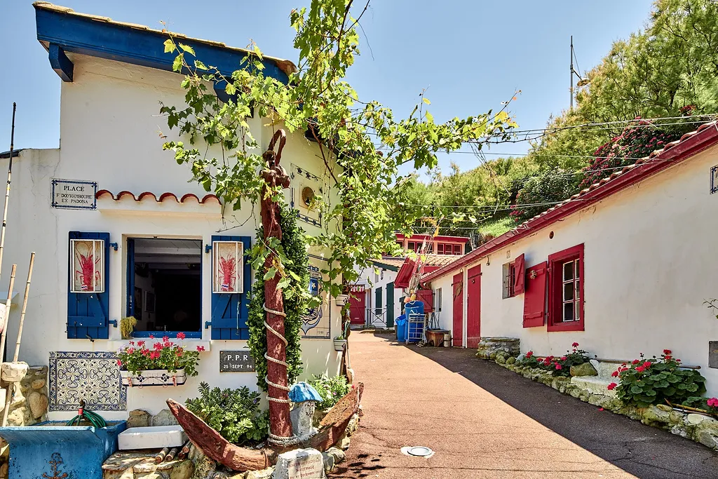 Rue pavée bordée de maisons blanches avec volets bleus et rouges, décors marins et plantes en fleurs.