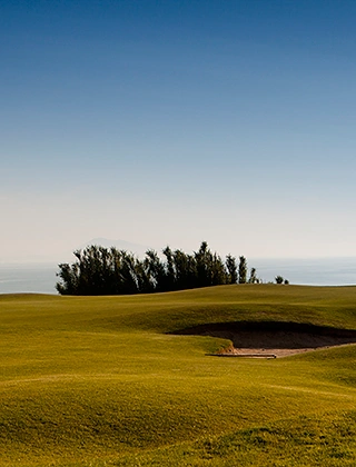 Parcours de golf verdoyant avec un bunker de sable, bordé d'arbres et offrant une vue dégagée sur l'océan sous un ciel bleu sans nuages.