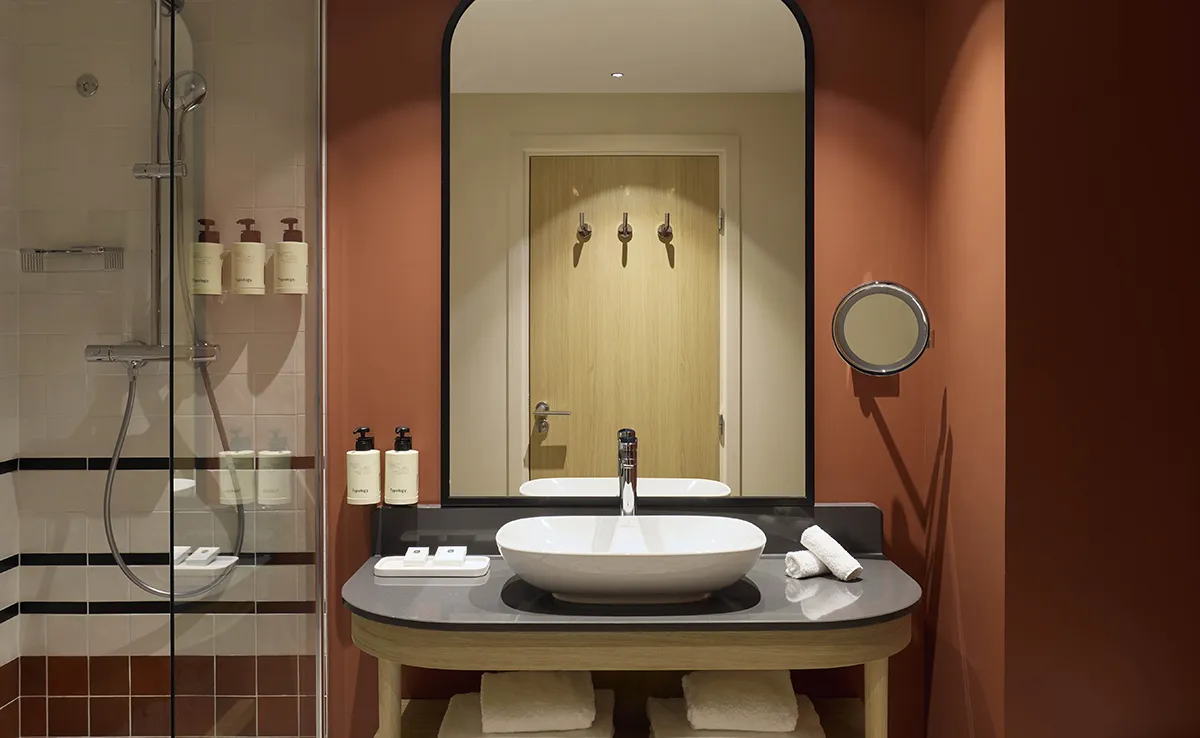Salle de bain de l'hôtel Le Talaia Mgallery Biarritz avec vasque ronde, miroir cintré, murs terracotta et douche à l'italienne