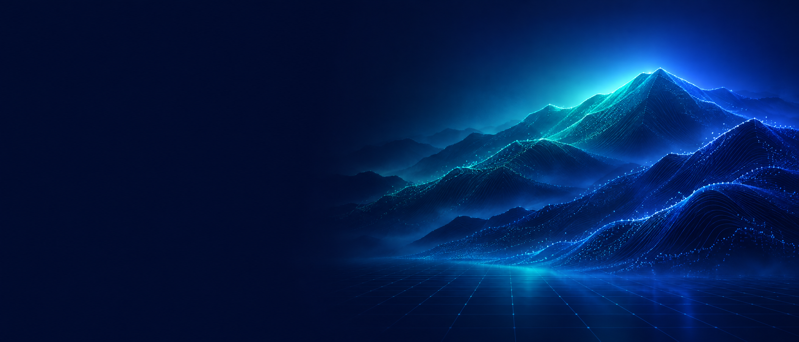 Glowing teal and blue mountain ridgeline made of data lines on a deep navy background