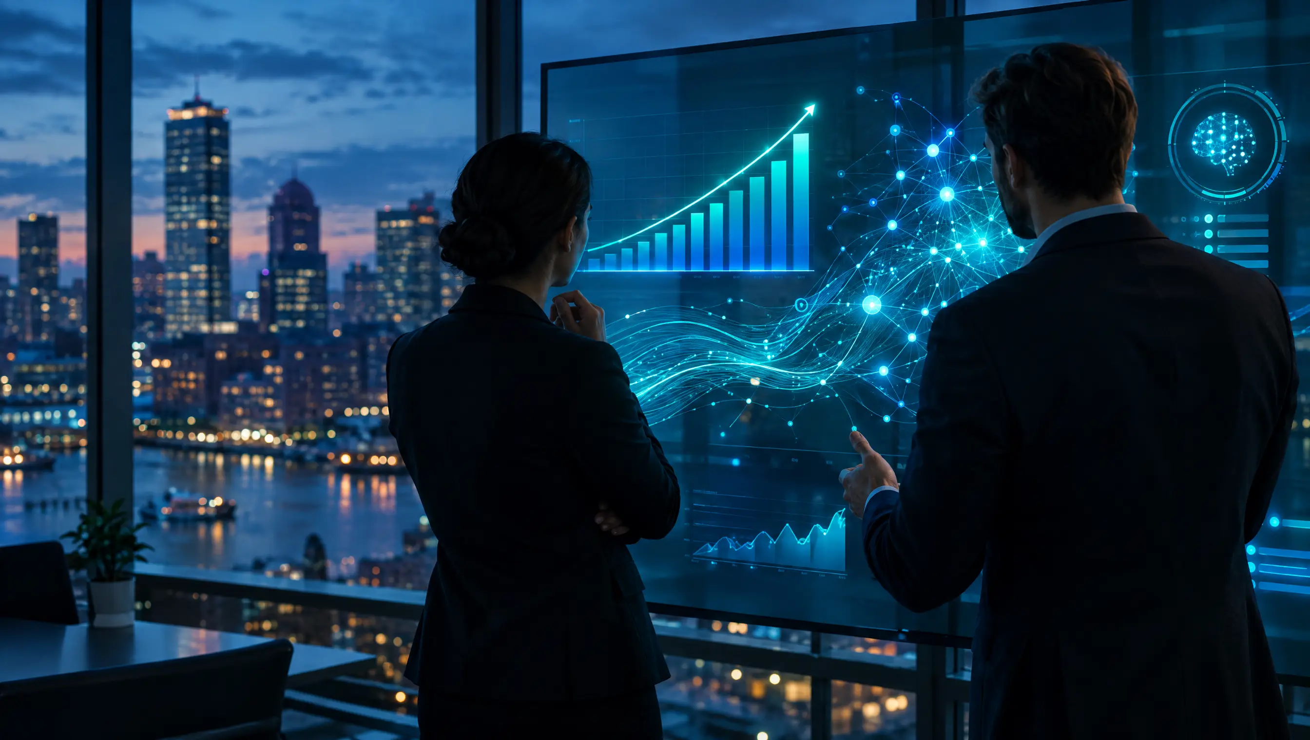 Strategy session reviewing AI growth dashboards on a glass display overlooking the Boston skyline at dusk
