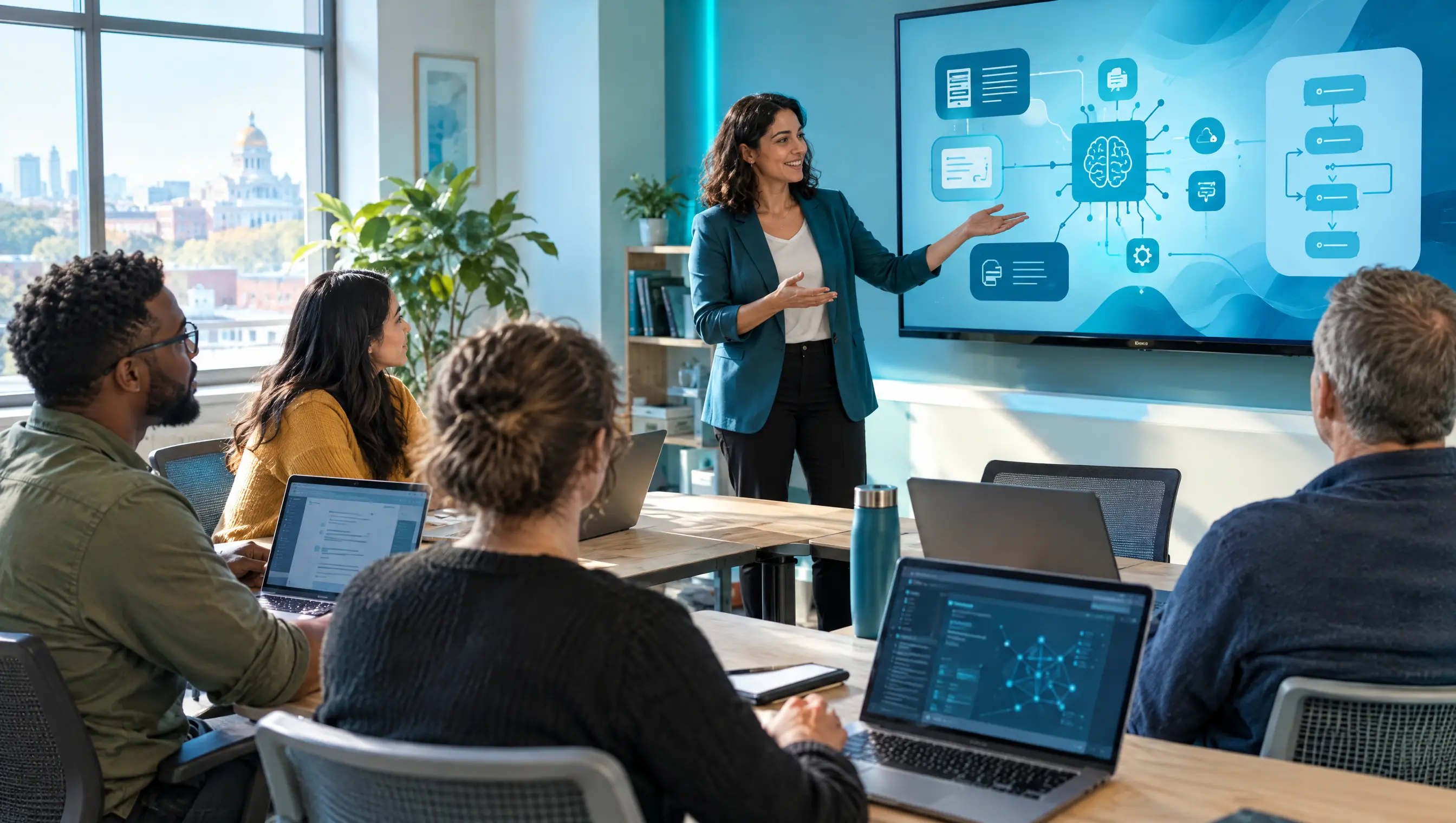 Small business team in an AI skills training workshop led by an instructor