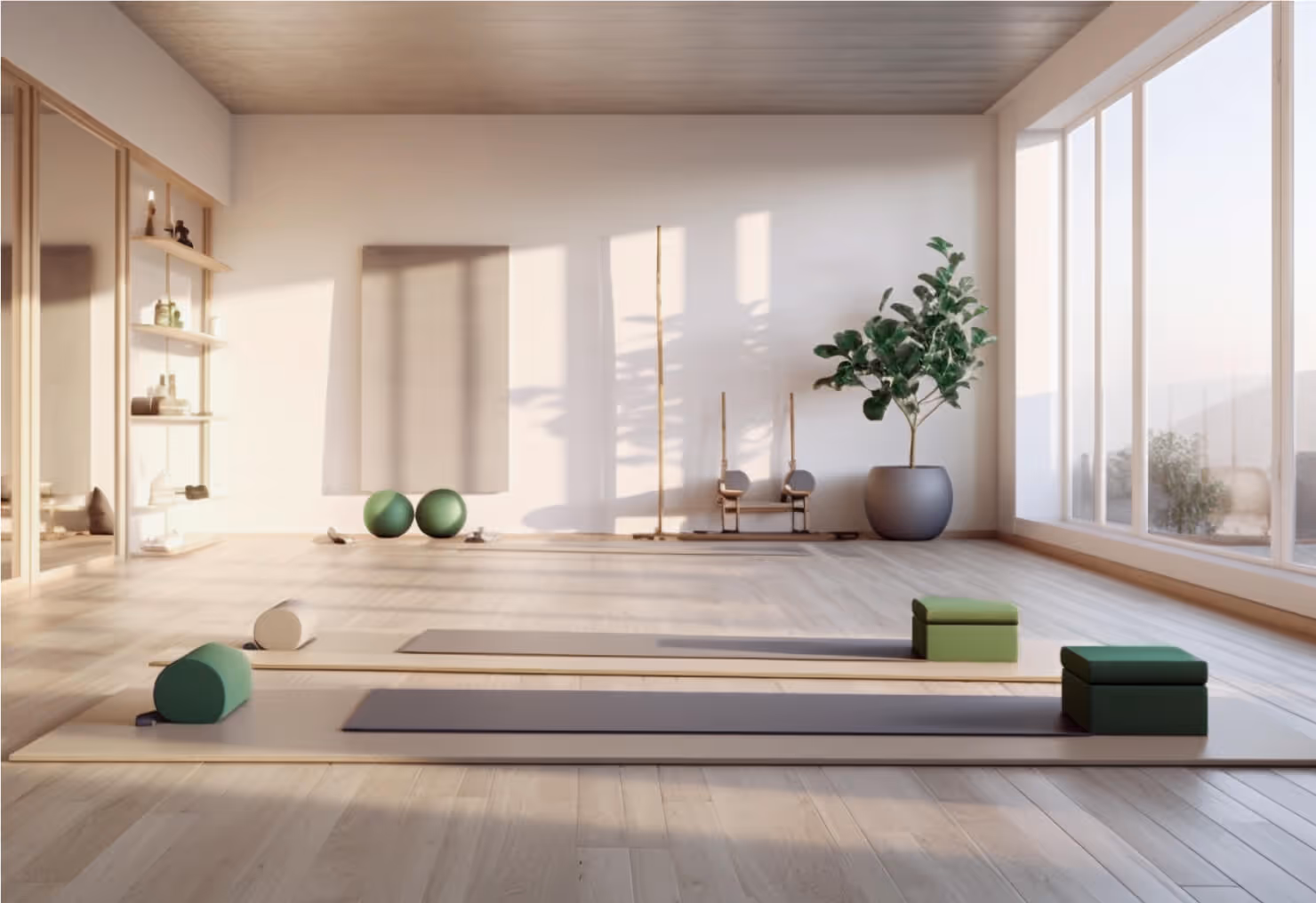 Bright yoga studio with wooden floors, yoga mats, blocks, exercise balls, and a large plant near tall windows.