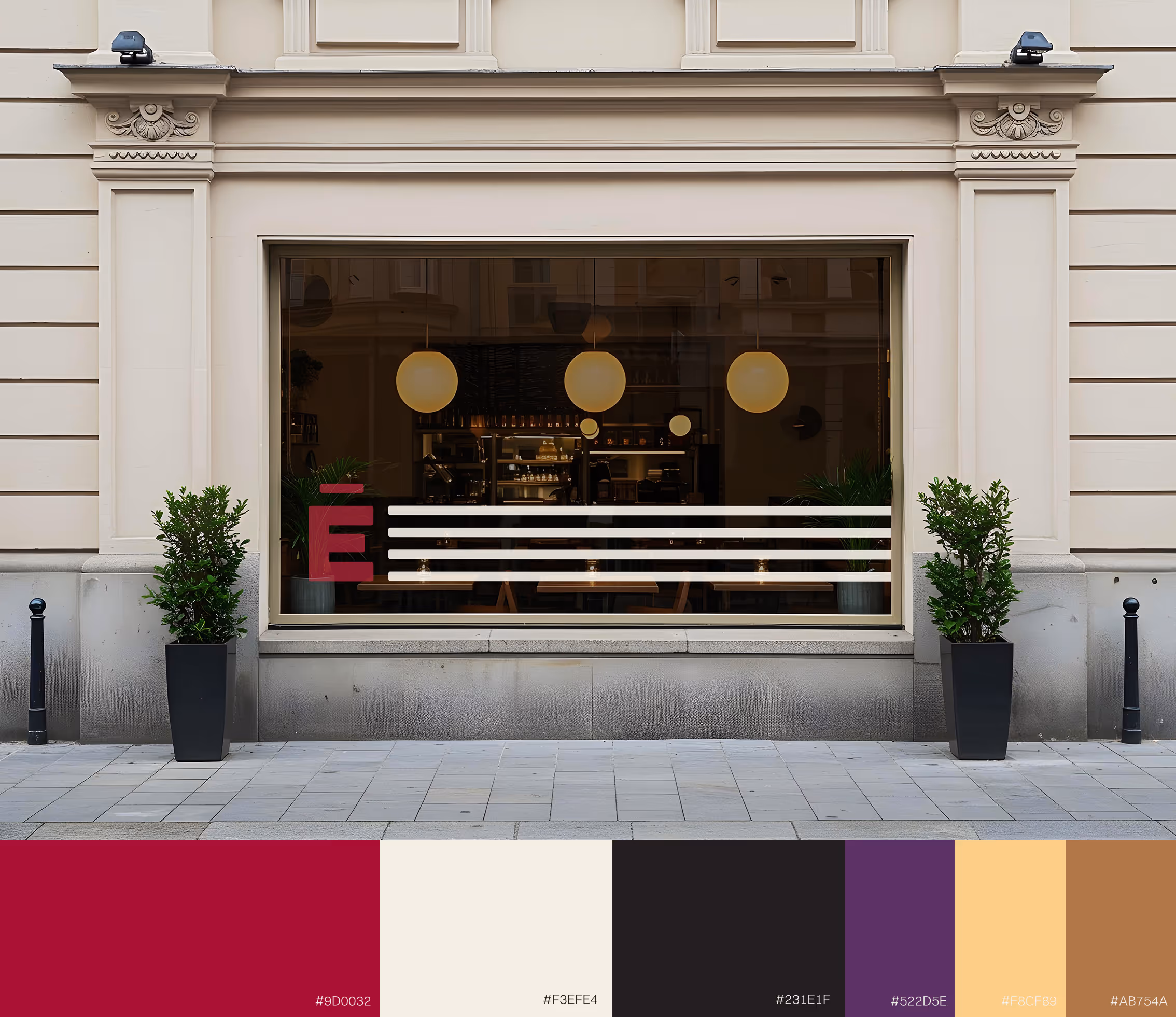 Storefront window with illuminated pendant lights and interior decor, accompanied by six color swatches below. Credit: May-lee Abel