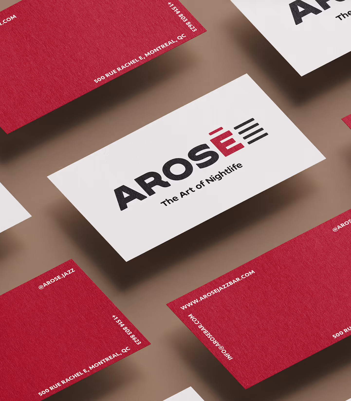 Business cards for AROSÉ Jazz Bar with contact info and slogan The Art of Nightlife. Credit: May-Lee Abel