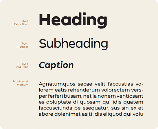 Typography samples showing Byrd font styles for heading, subheading, caption, and Montserrat for body text.