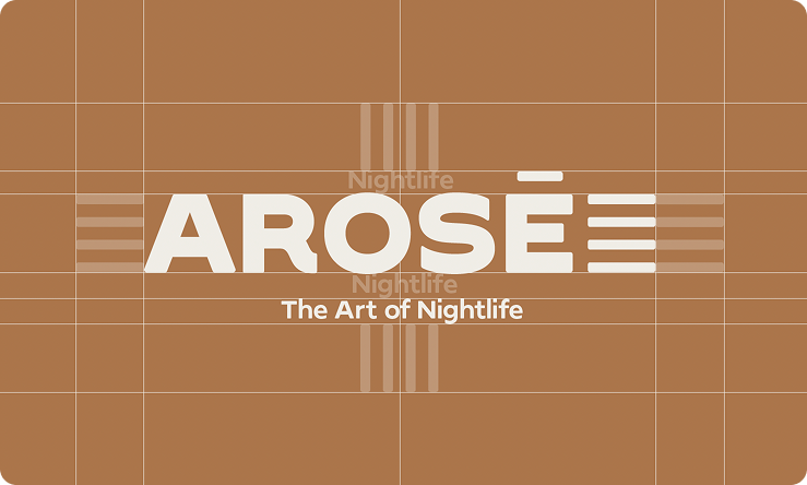 AROSÉ logo with the tagline The Art of Nightlife on a brown background showing the construction lines