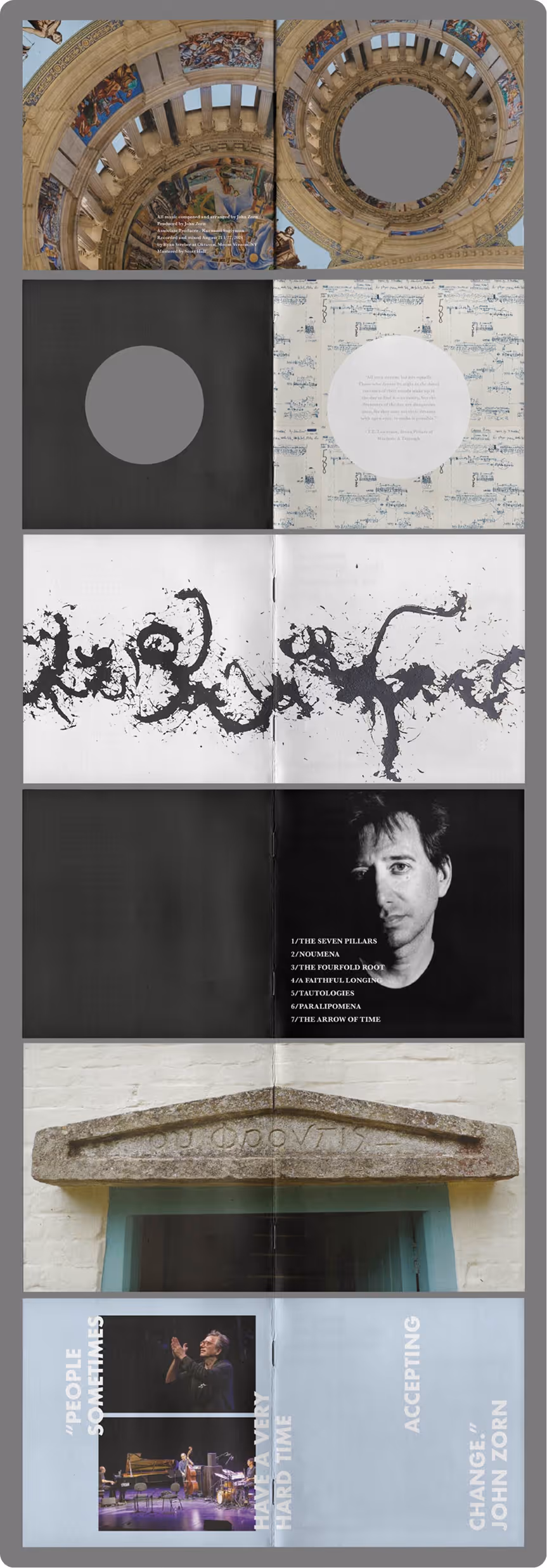 Collage of images including painted columned ceiling, abstract ink art, man's photo, inscription, and musicians on stage. Credit: May-Lee Abel