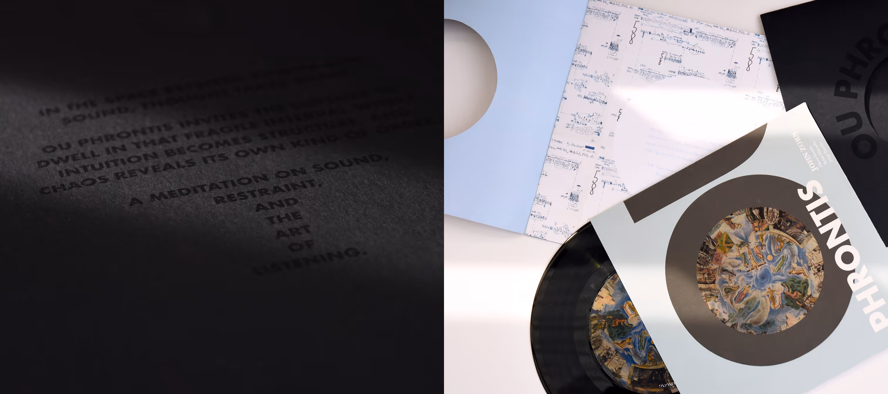 Close-up of a vinyl record and cover titled 'Phrontis' with sheet music and shadowed text. Credit: May-Lee Abel