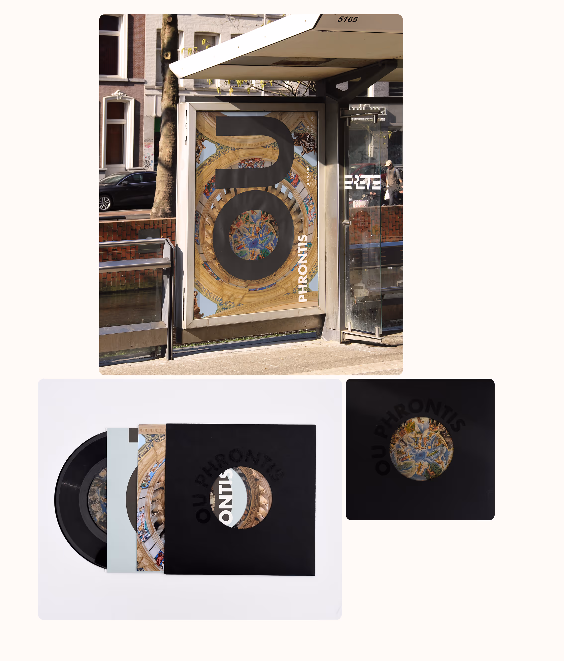 Bus stop poster and vinyl record sleeve featuring circular artwork of a decorated dome ceiling.