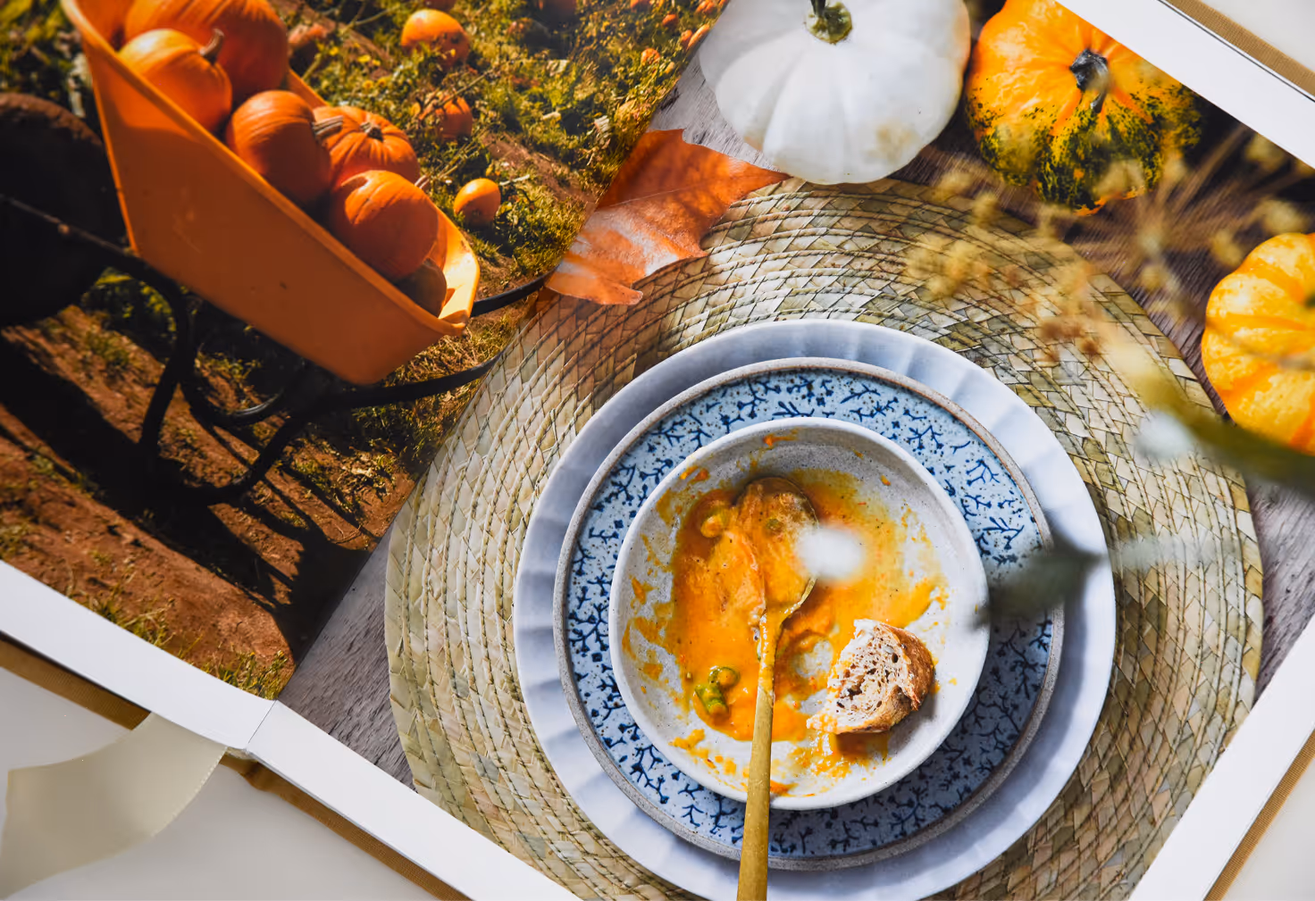 Partly eaten bowl of orange soup with a spoon and bread on blue and white plates on a woven placemat. Credit: May-Lee Abel