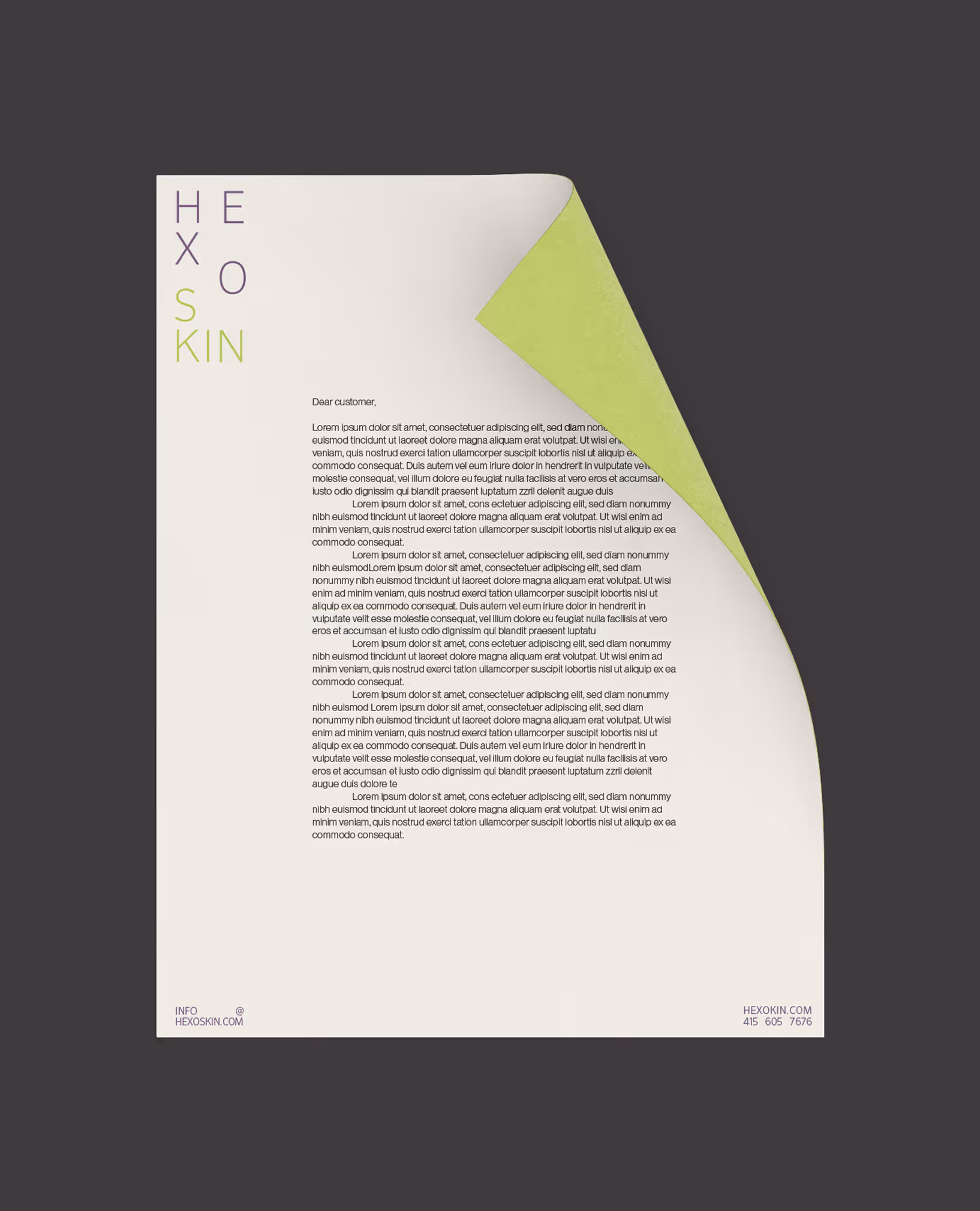 Letterhead with HEXOSKIN logo on left, placeholder text, and peeled top right corner in bright green. Credit: May-Lee Abel