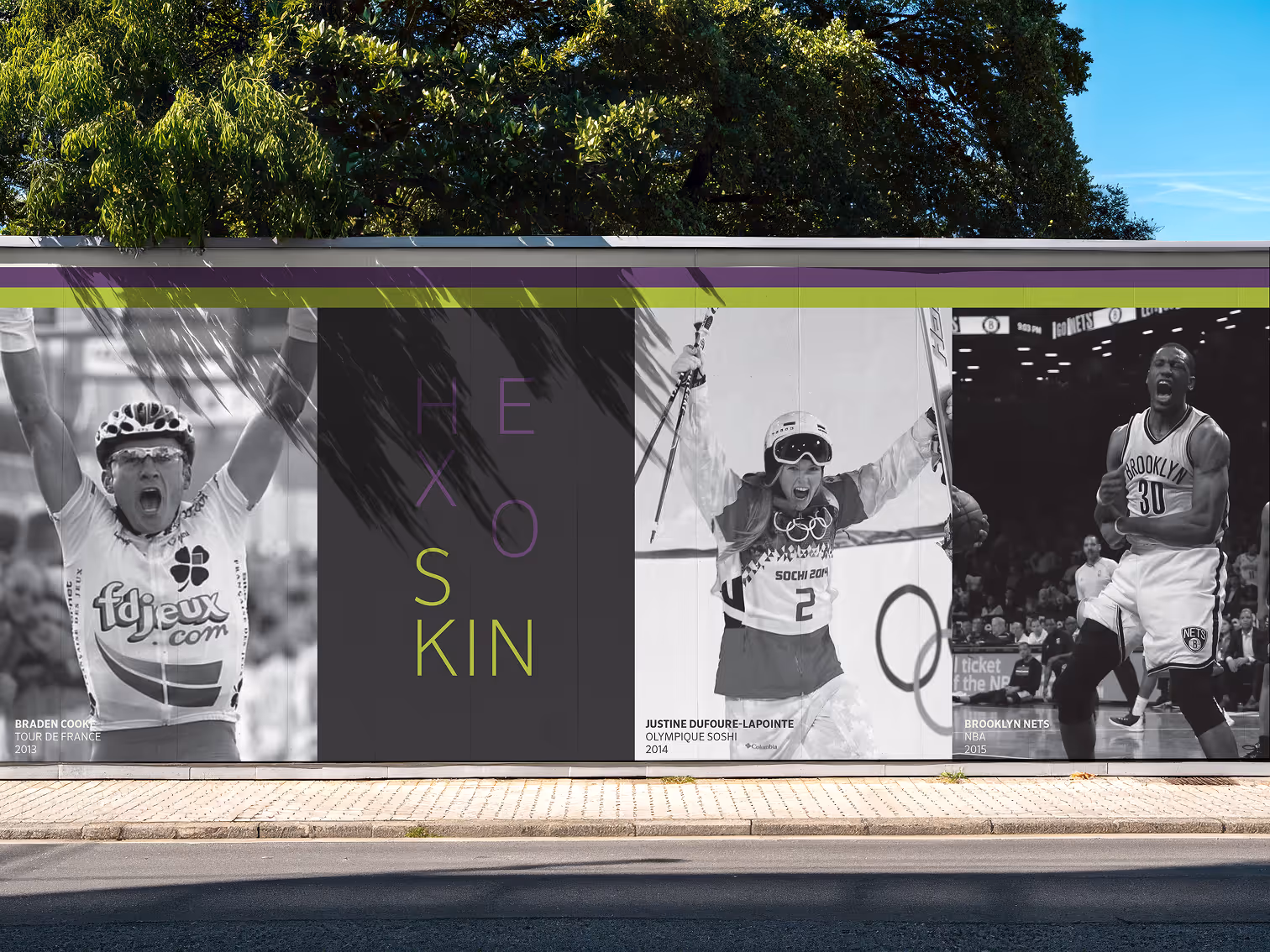 Wall mural with black and white photos of athletes Braden Cook, Justine Dufoure-Lapointe, and a Brooklyn Nets player. Credit: May-Lee Abel