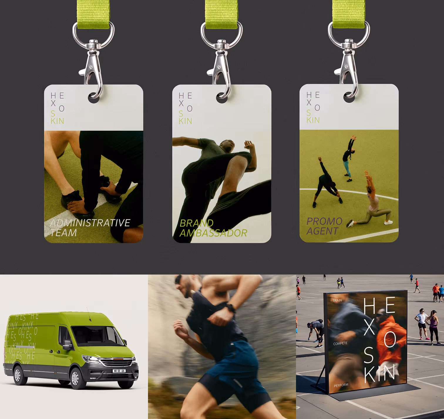 Three lanyards showing roles, green delivery van, runner outdoors, and sports event banner with people in background. Photograph Credit: Daniel Faro