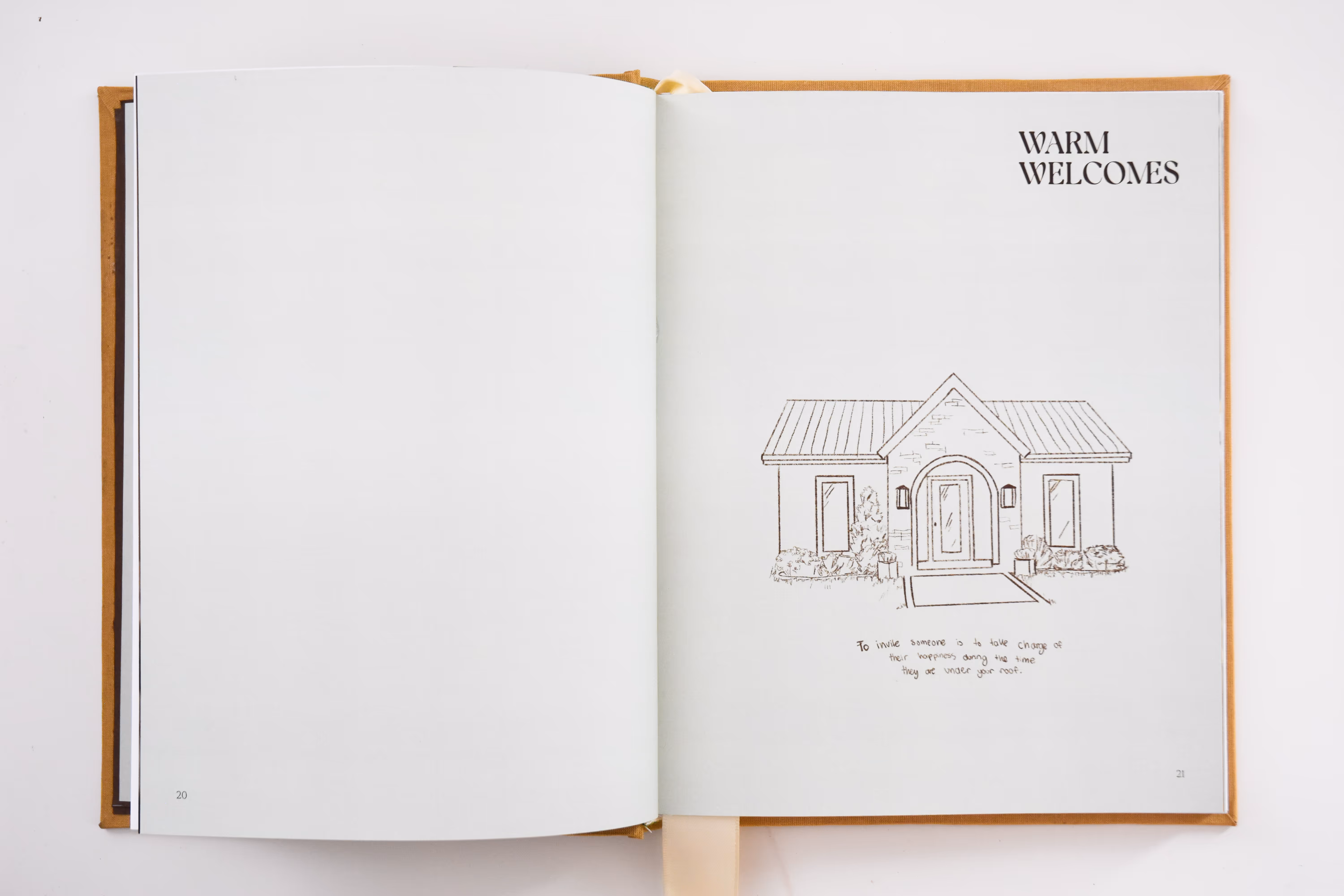Open book showing a house sketch with text 'Warm Welcomes' and a quote about happiness at home. Credit: May-Lee Abel