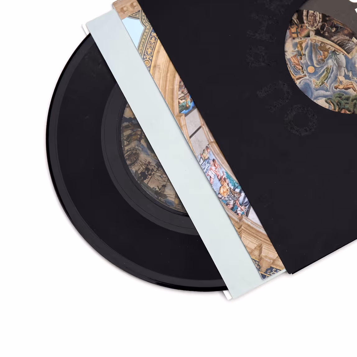 Black vinyl record partially inside sleeve with Renaissance painting artwork on the cover and label. Credit: May-Lee Abel