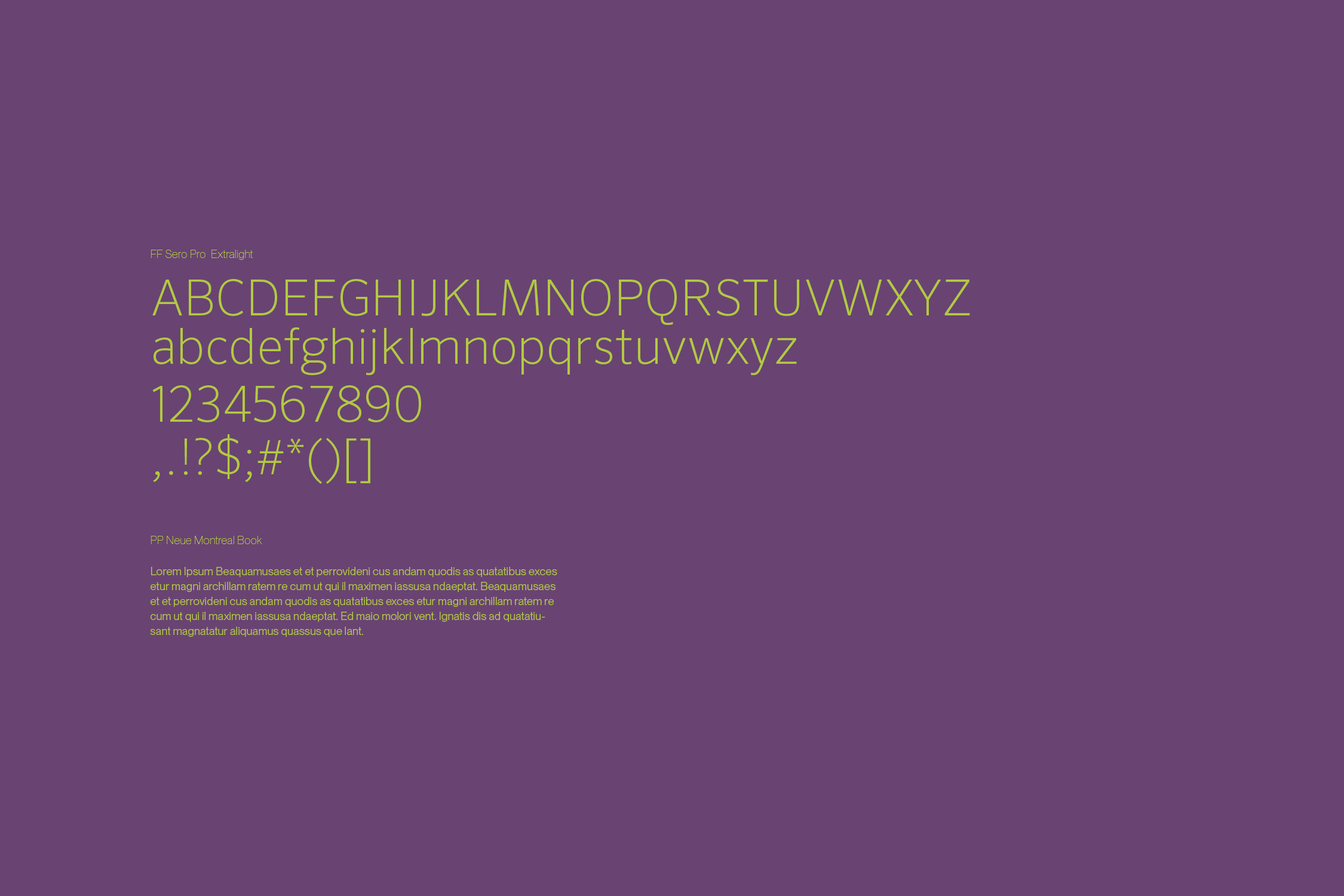 Typography sample with FF Sero Pro Extralight font uppercase, lowercase, numbers, and symbols in yellow on purple background.