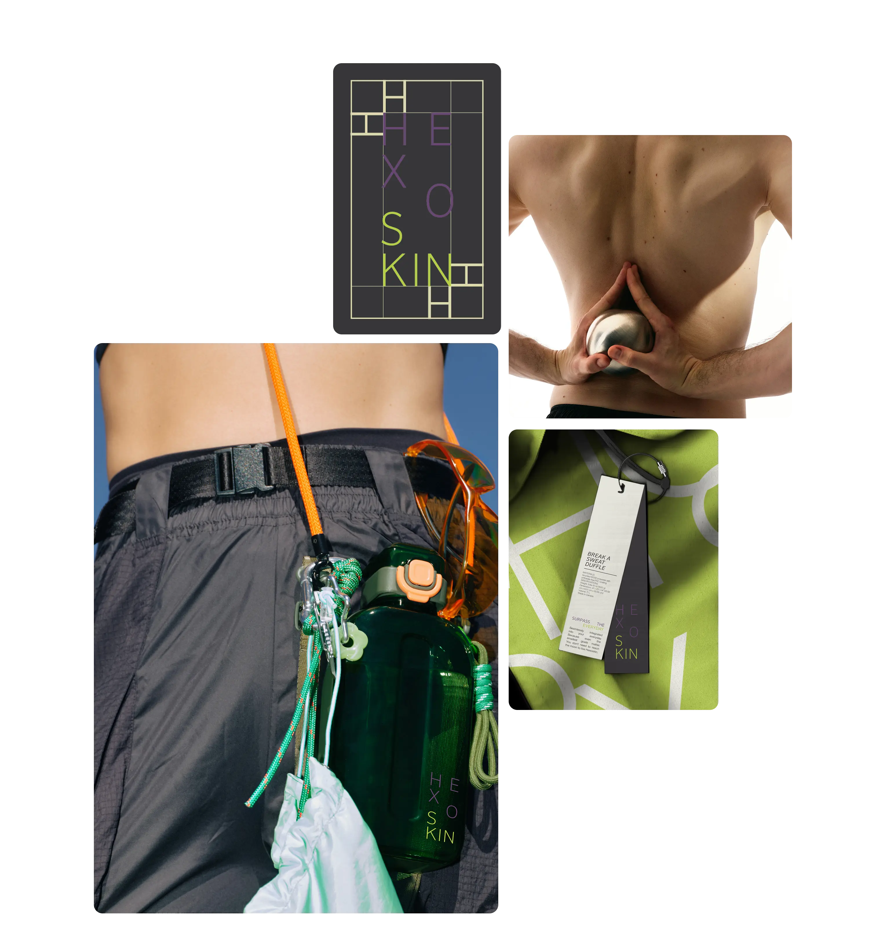 Collage: shirtless man holding metal ball behind back, close-up of gear with water bottle, and brand tags on green fabric.