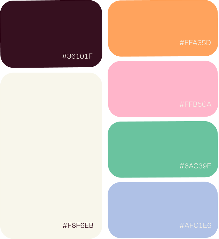 Six color swatches with hex codes: dark purple, cream, orange, pink, green, and light blue.