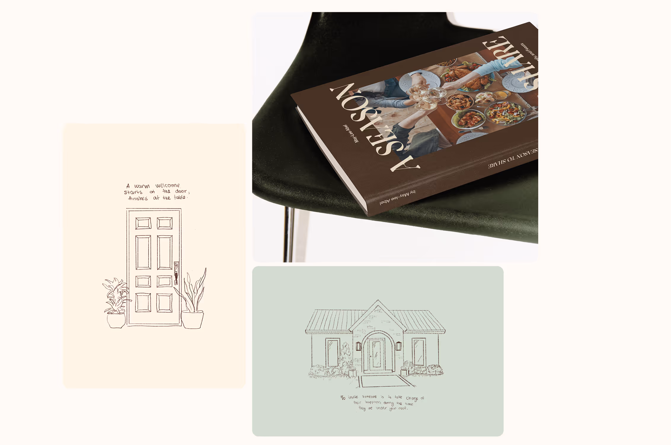 A book titled 'A Season to Share' on a chair with sketches of a door and a house with welcoming quotes. Credit: Ilustration May-Lee Abel and Bendito Mockup