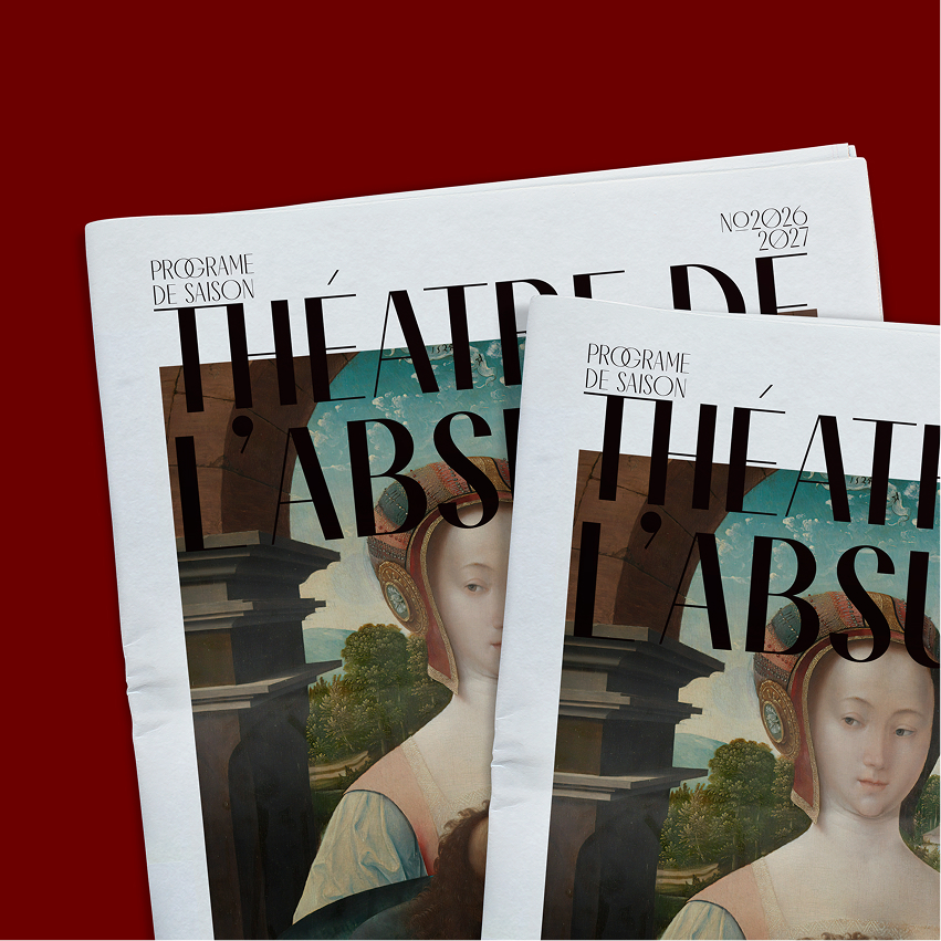 Two season program brochures for Théâtre de l'Absolu featuring Renaissance painting partial portrait. Credit: Maylee Abel