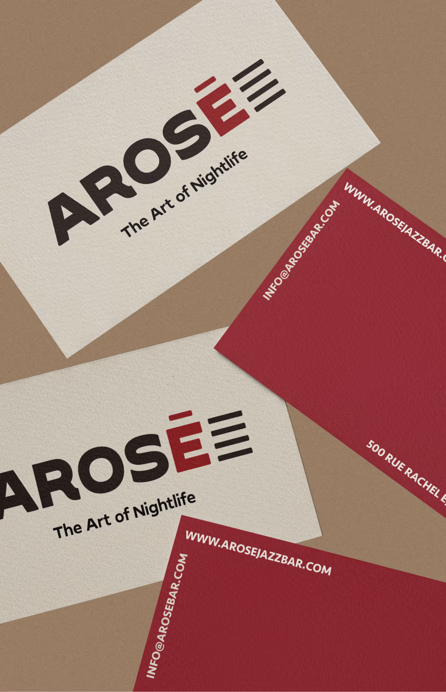 Business cards for AROSÉ with tagline The Art of Nightlife and contact info on maroon backs.