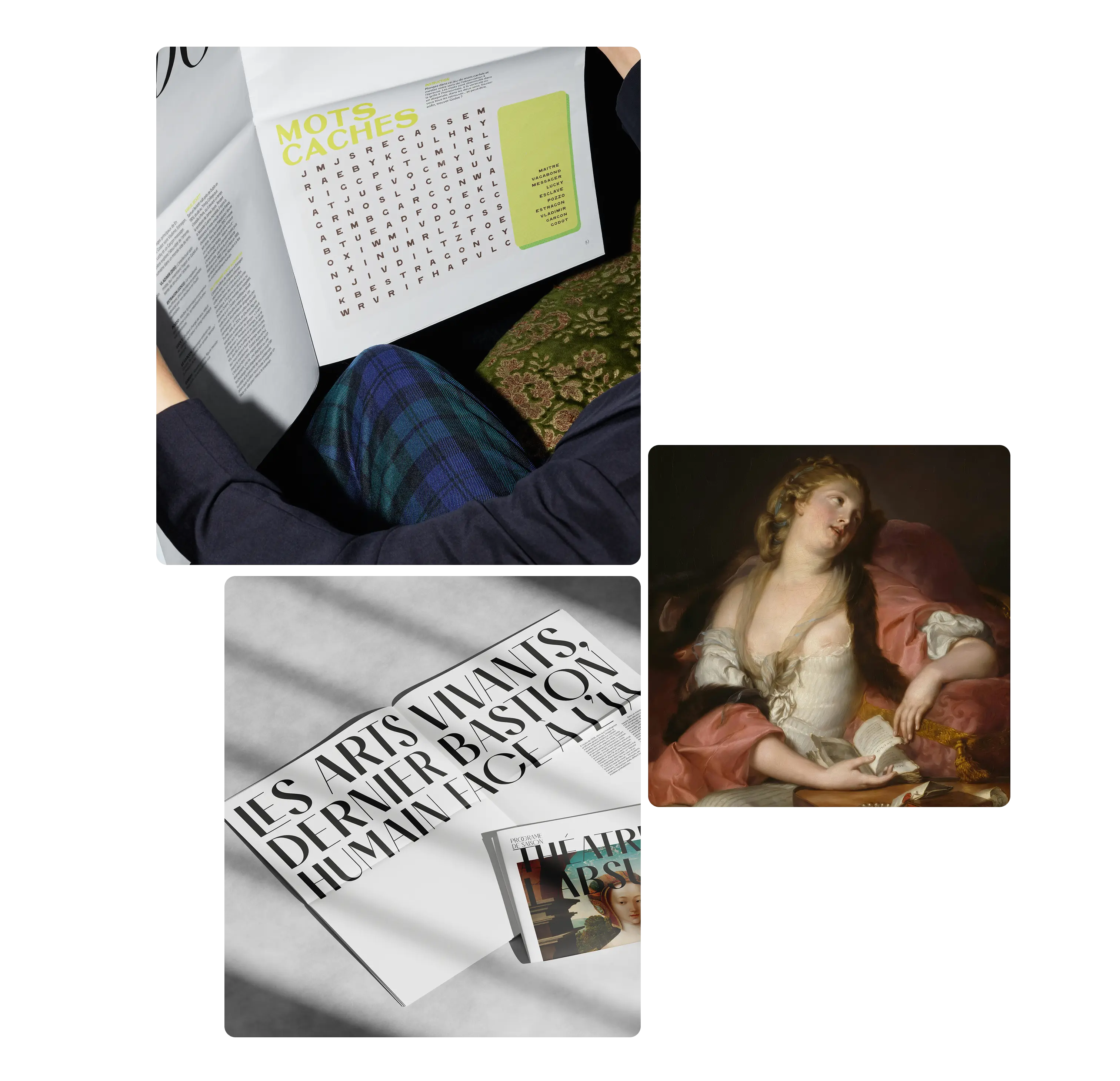 Person holding a magazine with a word search, a newspaper headline, and a baroque-style painting of a woman.