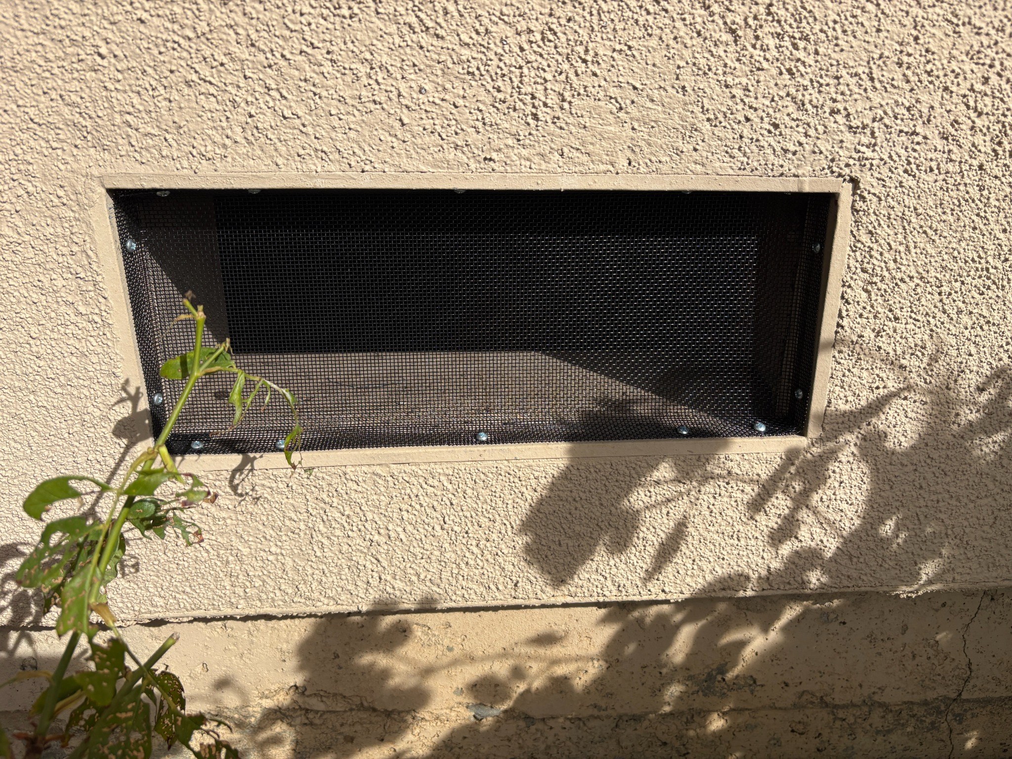 Rectangular vent with black metal mesh cover on a beige textured exterior wall, with plant shadows and a small green plant in front.