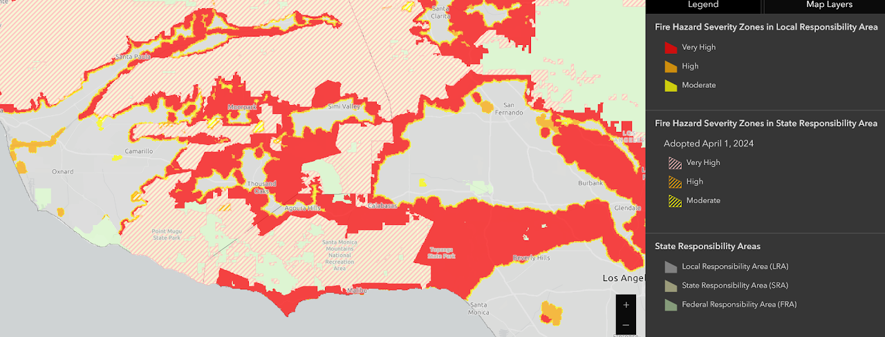 Map of Ventura County, Los Angeles County, and Santa Barbara County fire hazard severity zones from CAL FIRE.