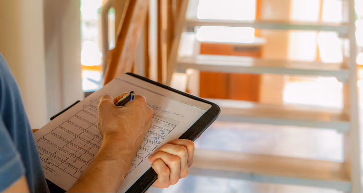 Person filling out an appraisal document on a clipboard indoors near a staircase.