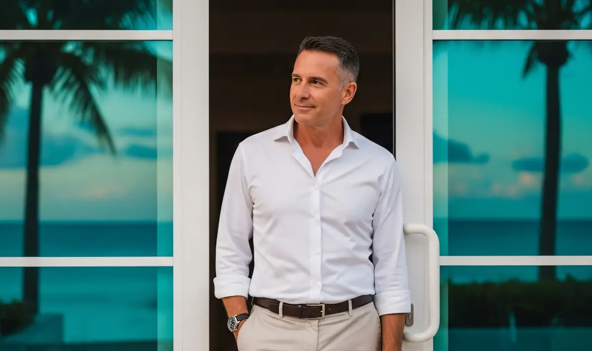 Man in a white shirt and beige pants standing and leaning against a glass door with a beach and palm trees visible outside.